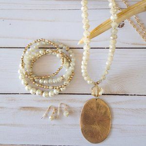 Natural crystal beaded necklace, bracelet, and earring set
